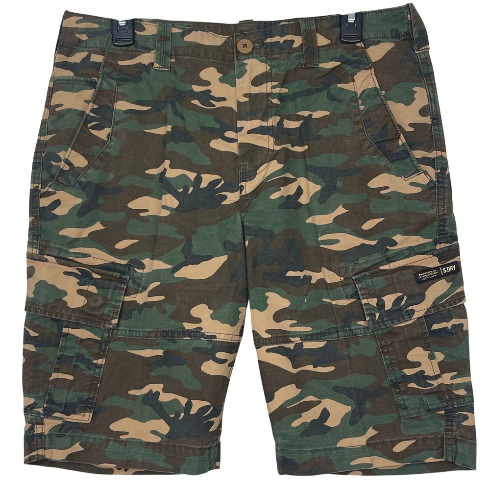 Superdry Camo Woodland Cargo Shorts Mens 34 Cotton Stretch Green Brown‎ 11-inch
